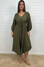 Khaki Loose Floaty Dress Lace Trim Non-Clinging Fit