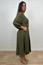 Khaki Loose Floaty Dress Lace Trim Non-Clinging Fit