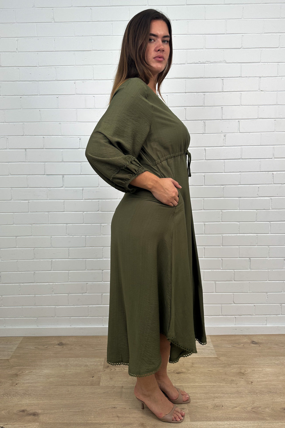 Khaki Loose Floaty Dress Lace Trim Non-Clinging Fit