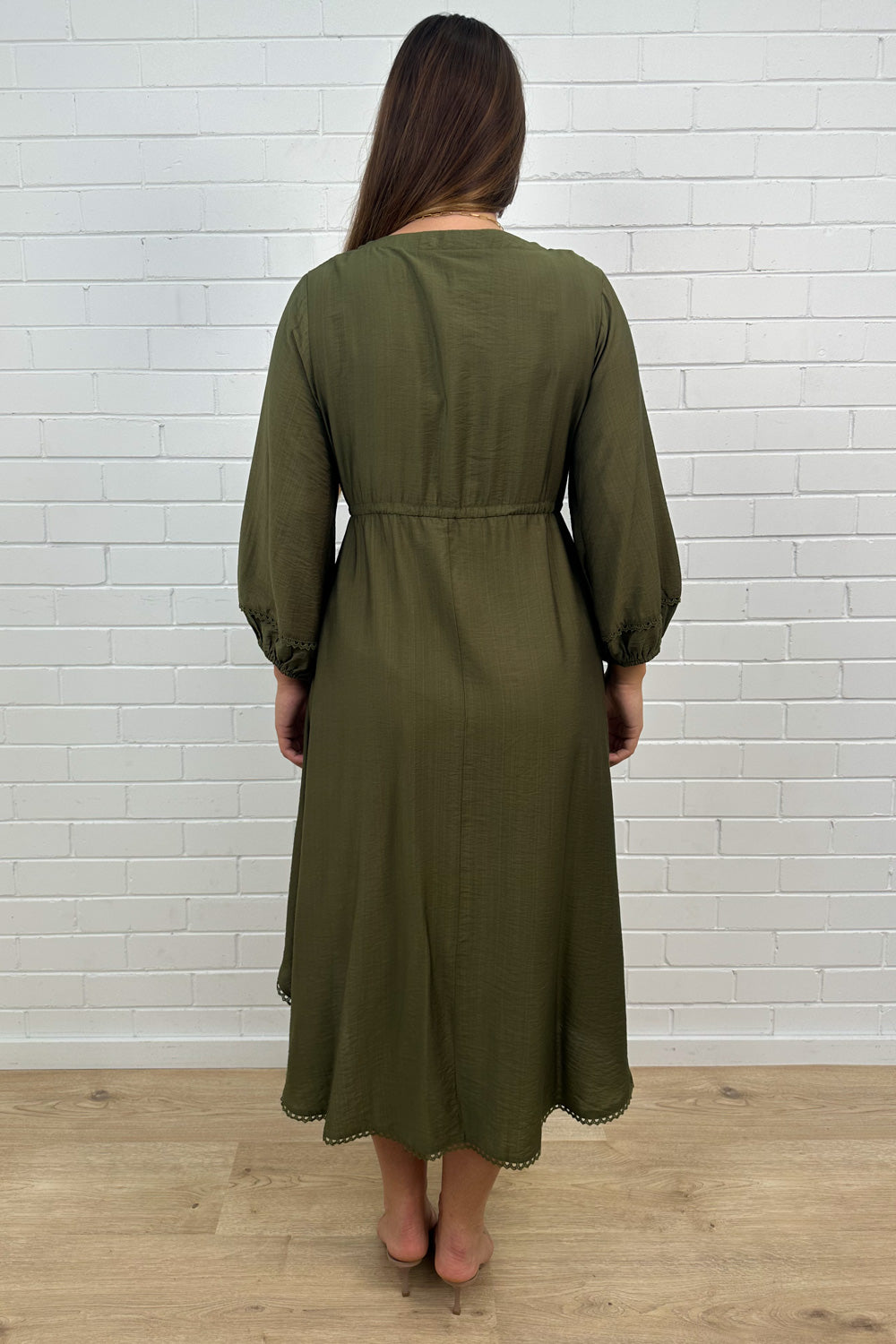 Khaki Loose Floaty Dress Lace Trim Non-Clinging Fit
