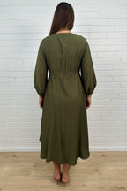 Khaki Loose Floaty Dress Lace Trim Non-Clinging Fit