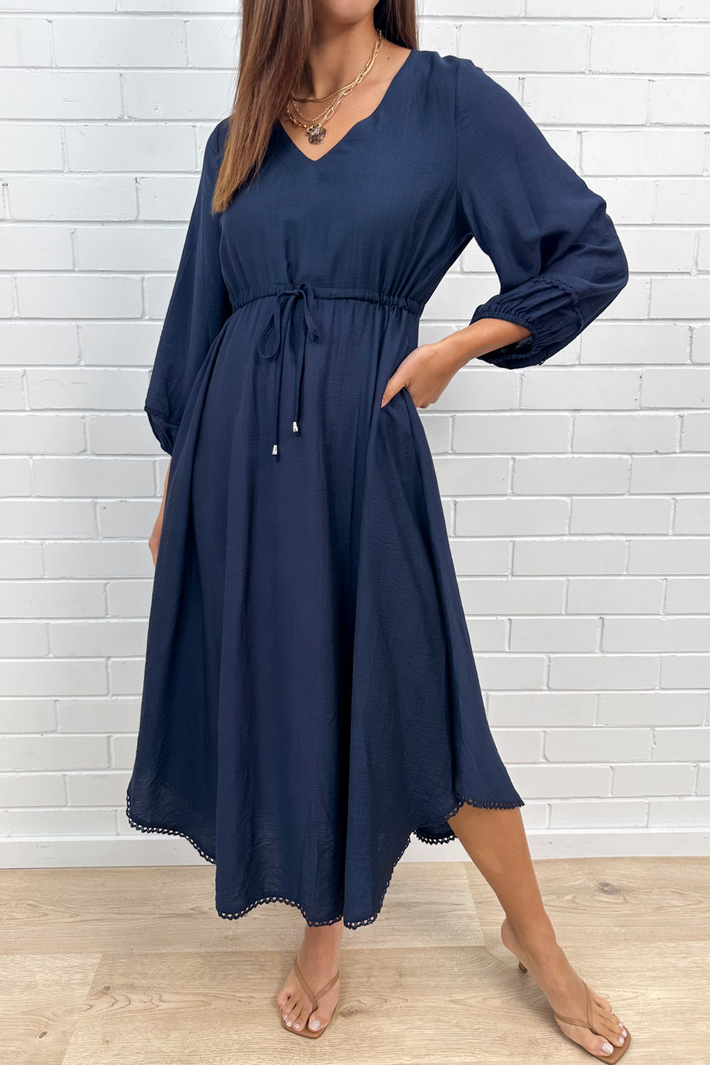 Navy Loose Floaty Dress Lace Trim Detail Easy Wear
