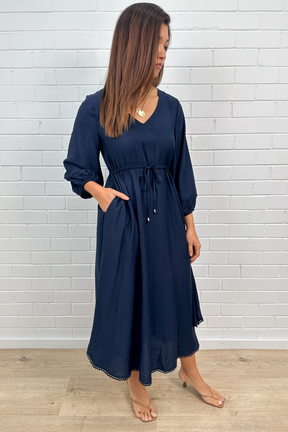 Navy Loose Floaty Dress Lace Trim Detail Easy Wear