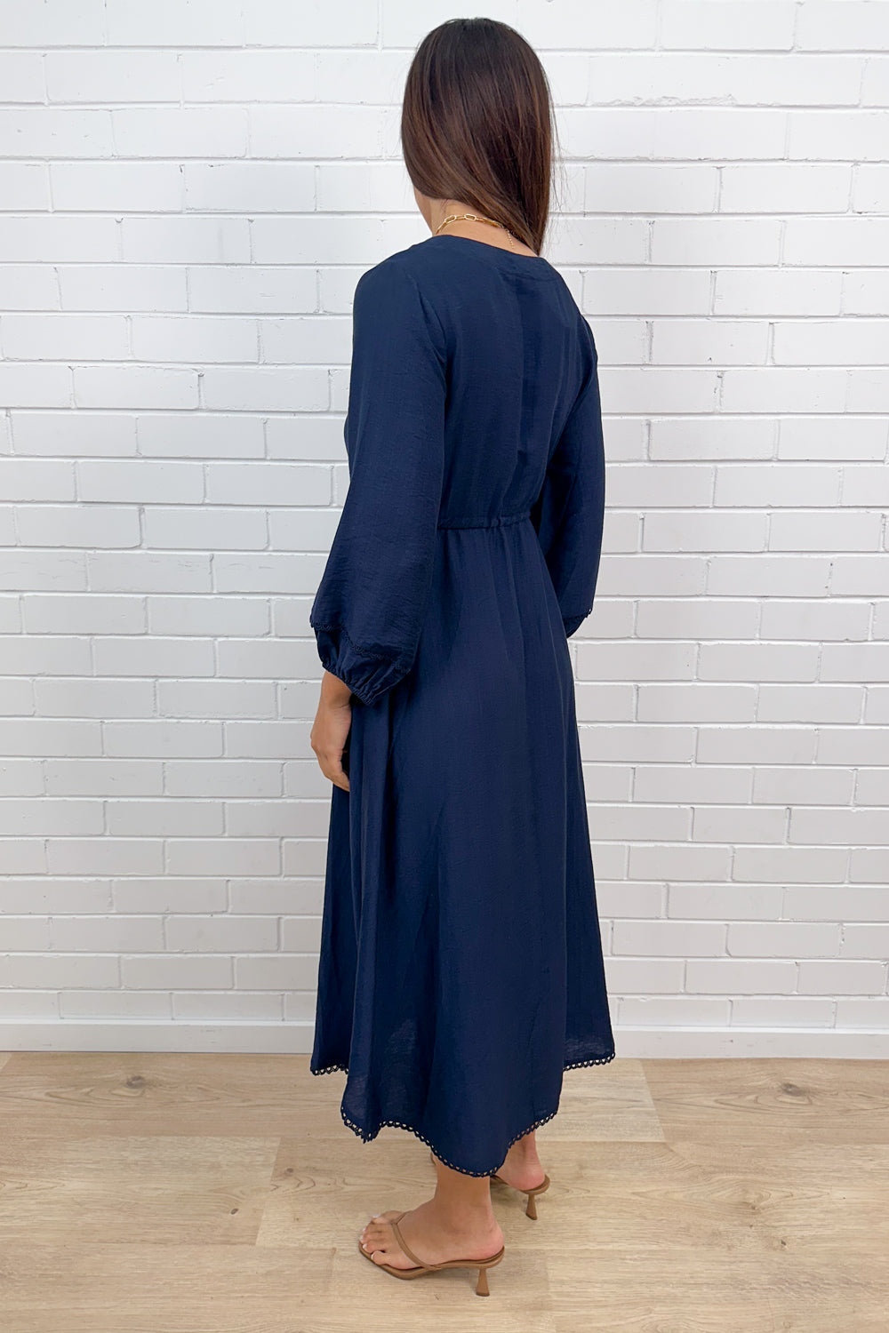 Navy Loose Floaty Dress Lace Trim Detail Easy Wear