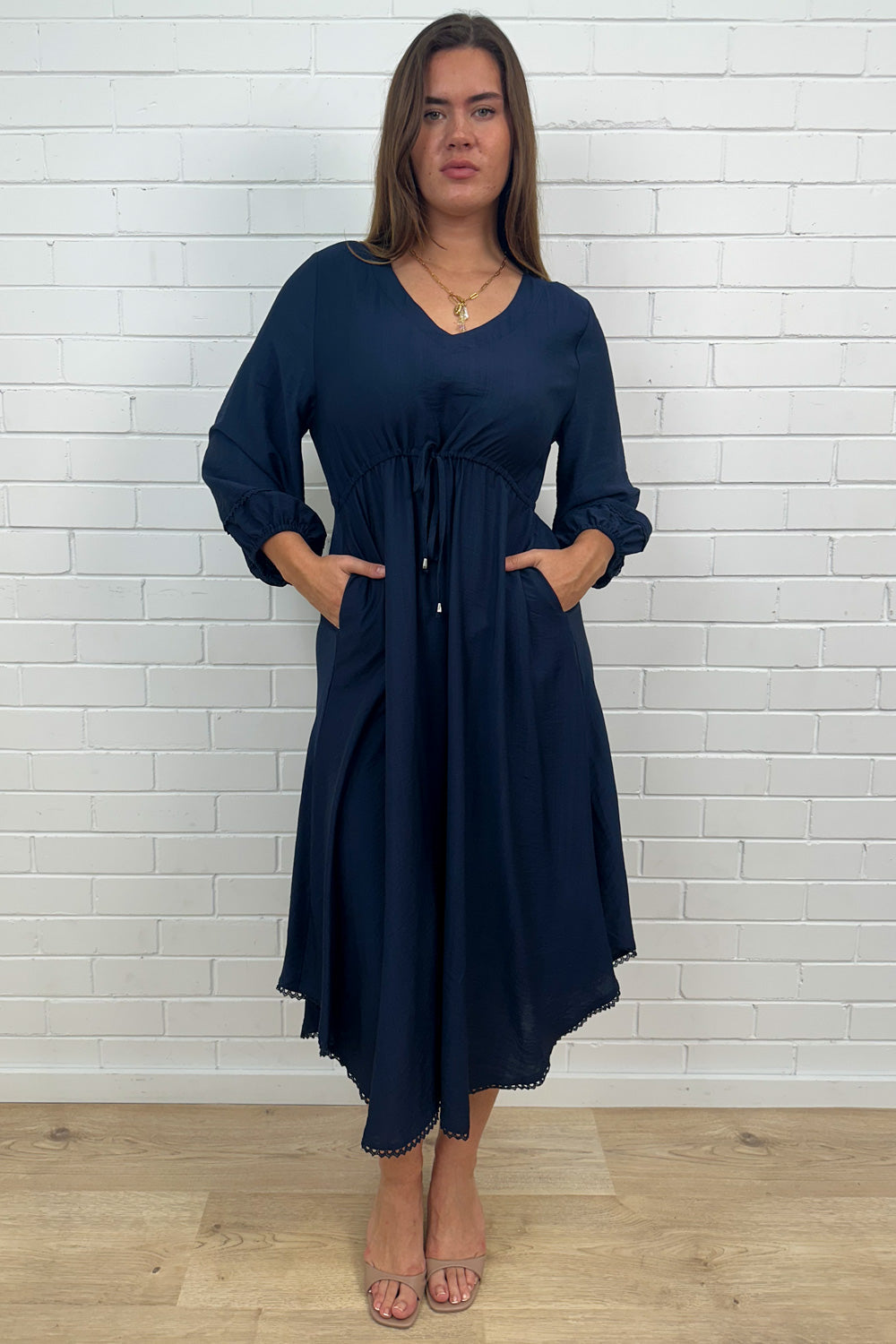 Navy Loose Floaty Dress Lace Trim Detail Easy Wear