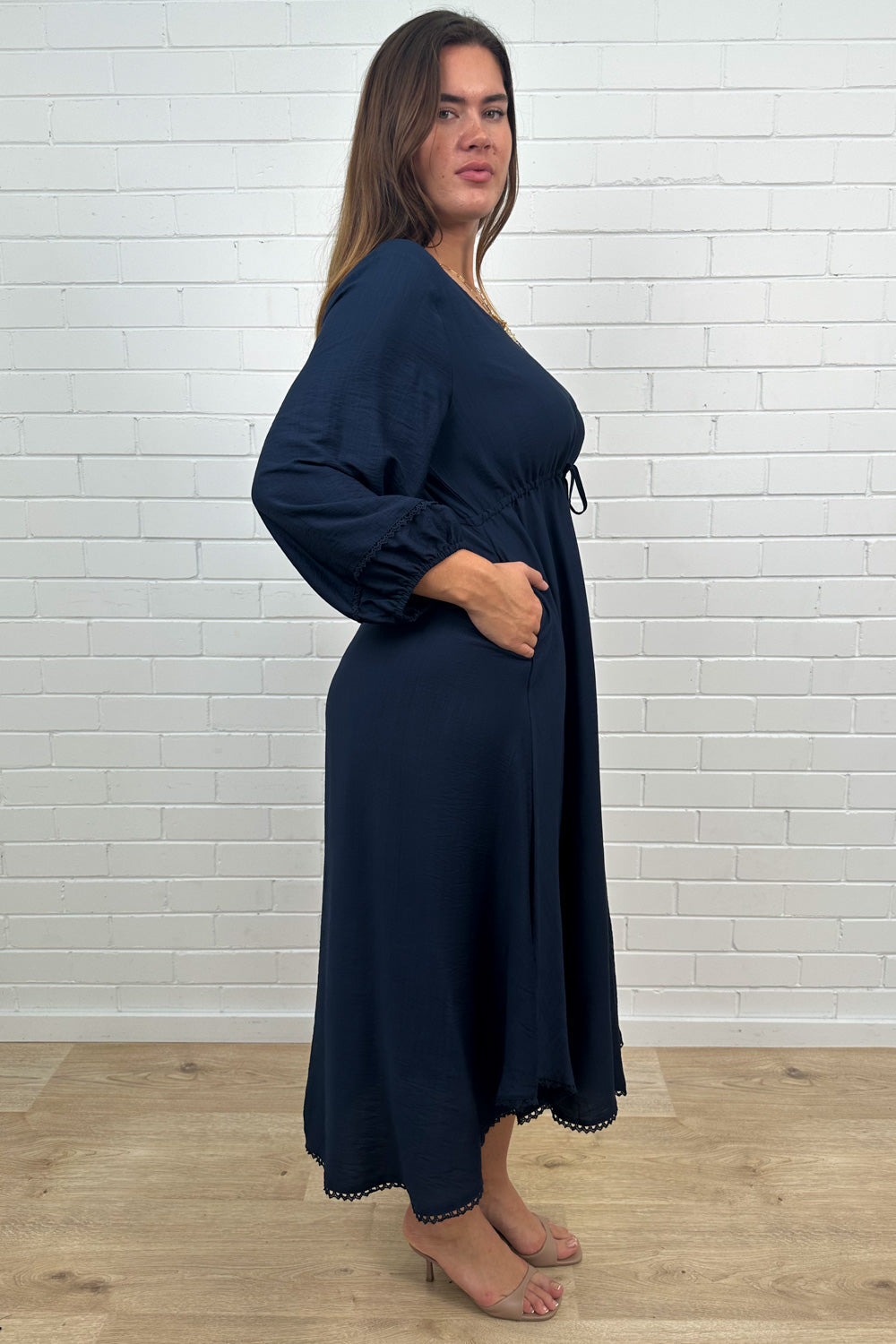 Navy Loose Floaty Dress Lace Trim Detail Easy Wear