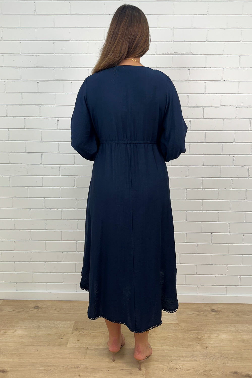 Navy Loose Floaty Dress Lace Trim Detail Easy Wear