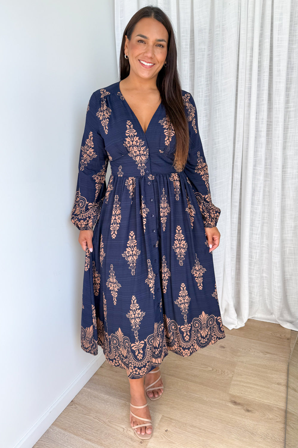 Navy Boho Button Dress Elastic Back Beautiful Length
