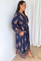 Navy Boho Button Dress Elastic Back Beautiful Length