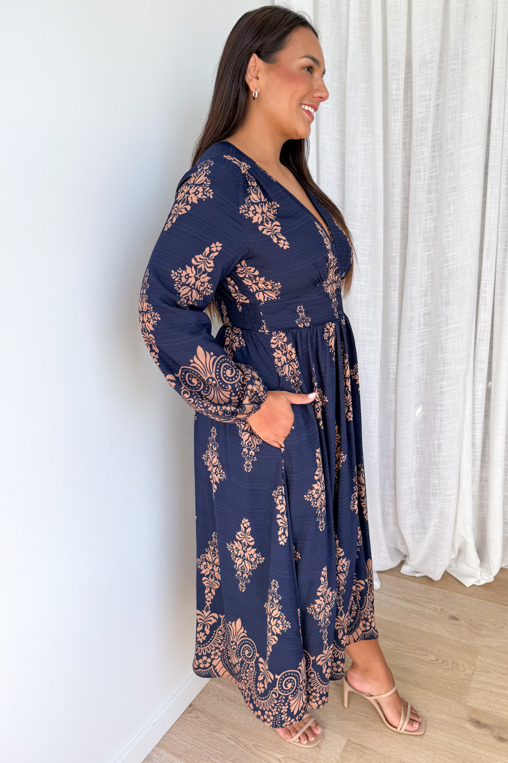 Navy Boho Button Dress Elastic Back Beautiful Length