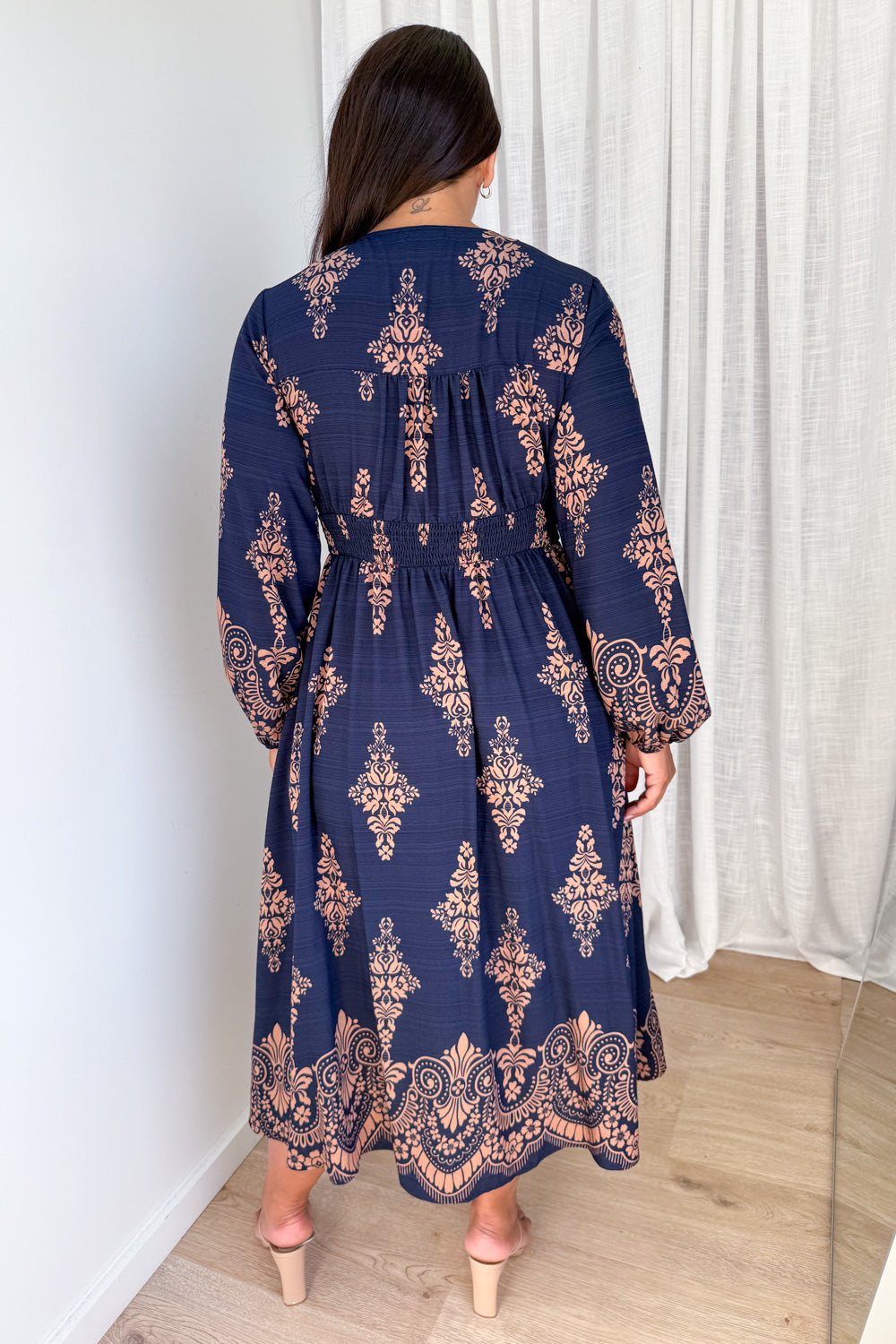 Navy Boho Button Dress Elastic Back Beautiful Length