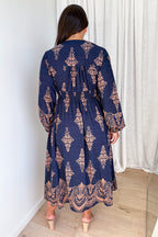 Navy Boho Button Dress Elastic Back Beautiful Length