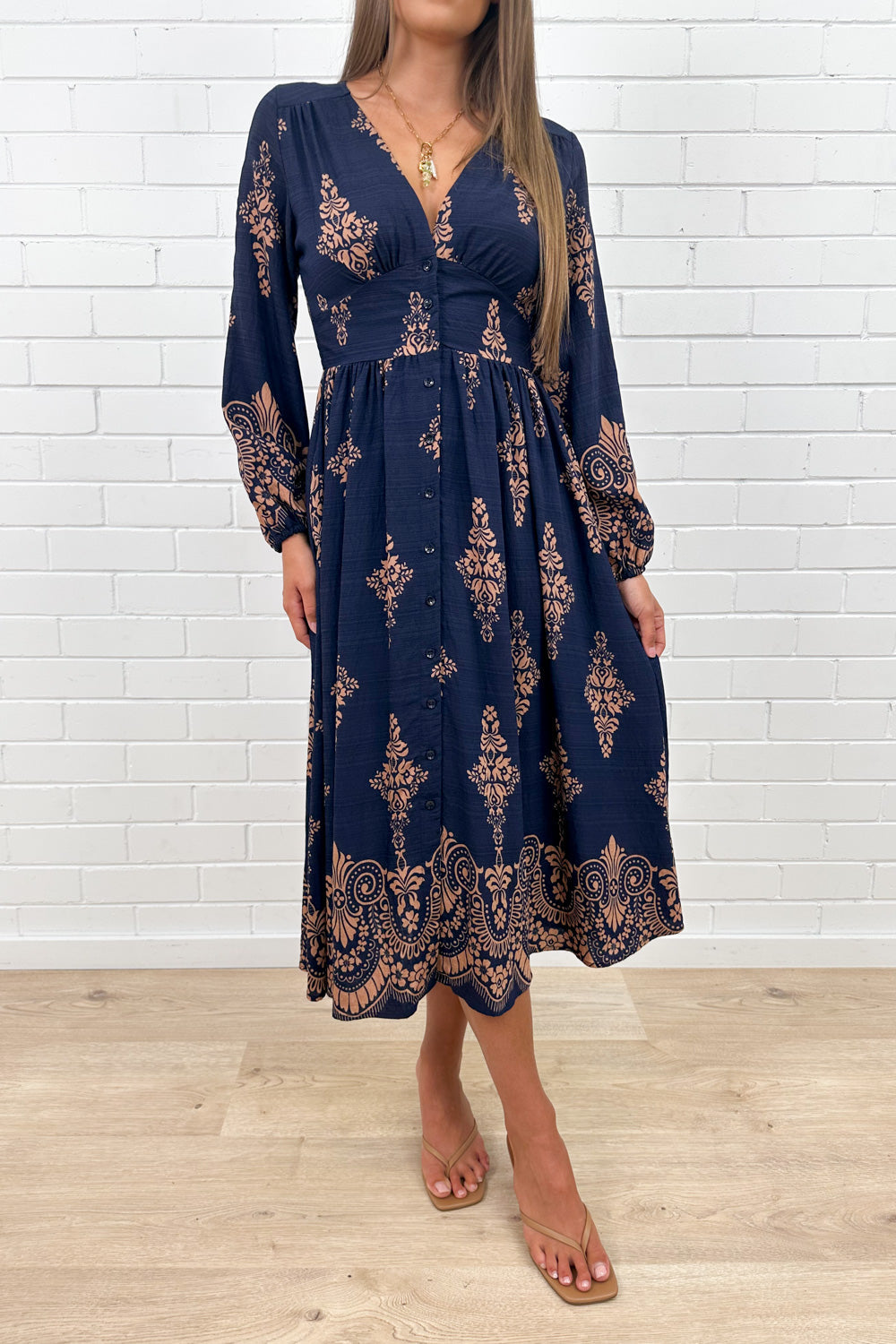 Navy Boho Button Dress Elastic Back Beautiful Length
