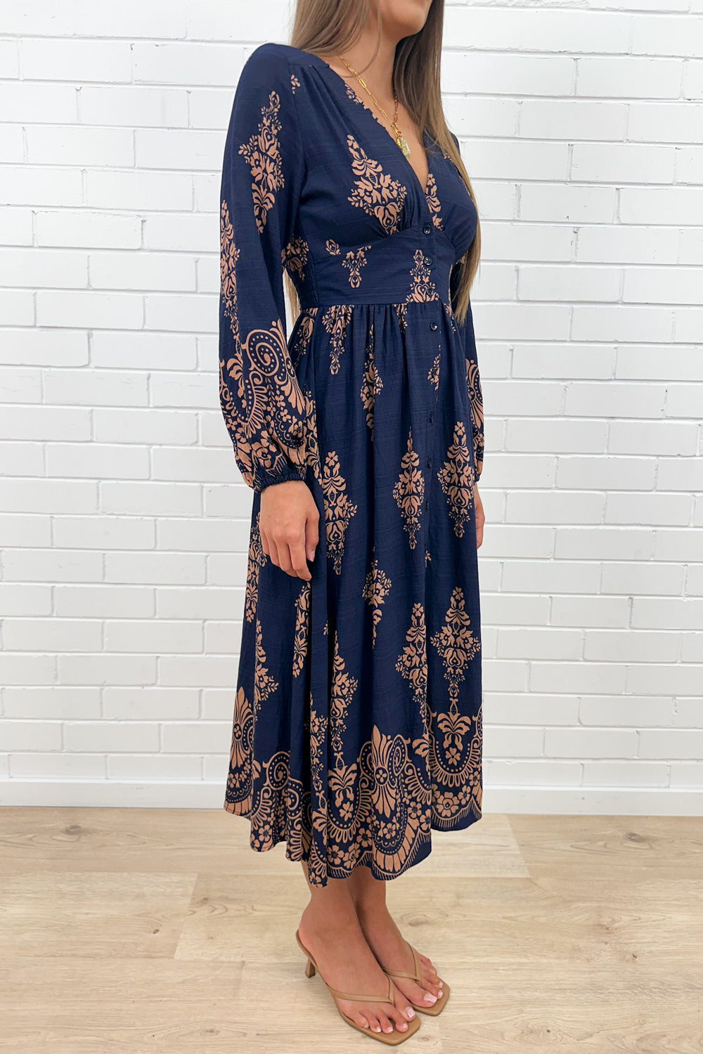 Navy Boho Button Dress Elastic Back Beautiful Length