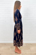 Navy Boho Button Dress Elastic Back Beautiful Length