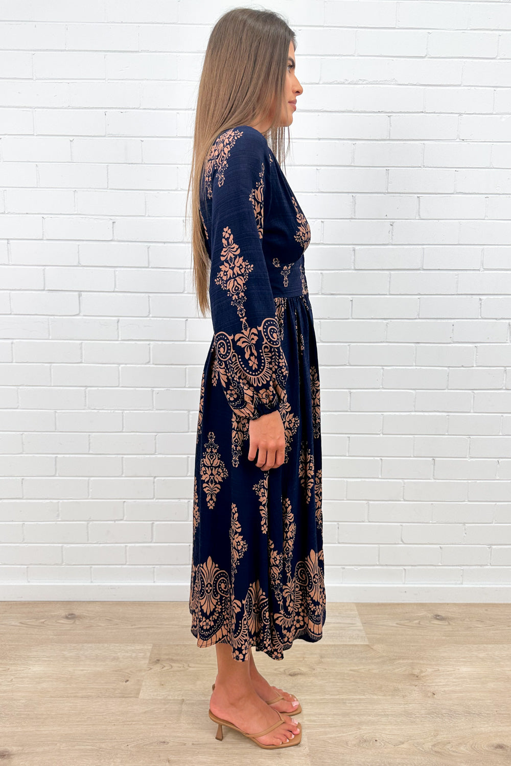 Navy Boho Button Dress Elastic Back Beautiful Length