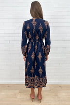 Navy Boho Button Dress Elastic Back Beautiful Length