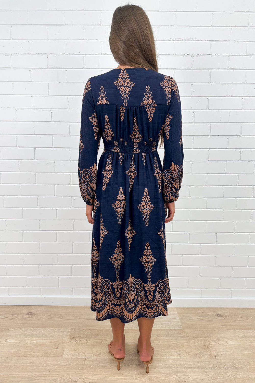 Navy Boho Button Dress Elastic Back Beautiful Length