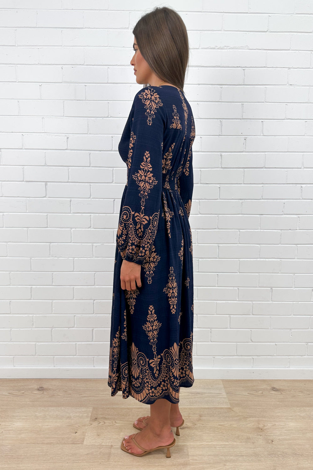 Navy Boho Button Dress Elastic Back Beautiful Length