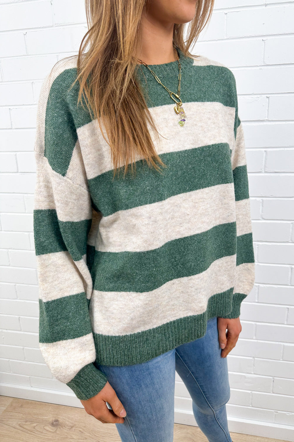 Striped Soft Knit Top Round Neck Slight Stretch