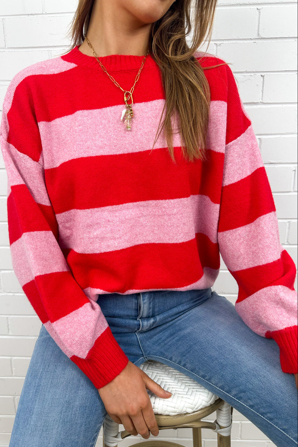 Striped Soft Knit Top Round Neck Slight Stretch