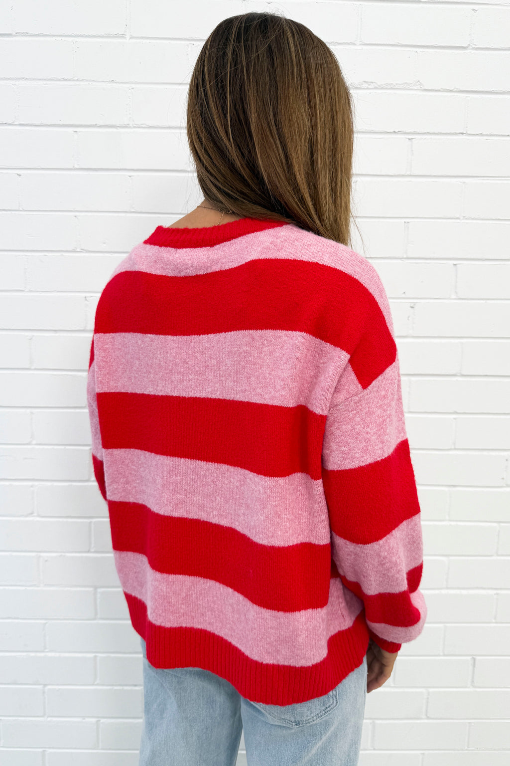 Striped Soft Knit Top Round Neck Slight Stretch