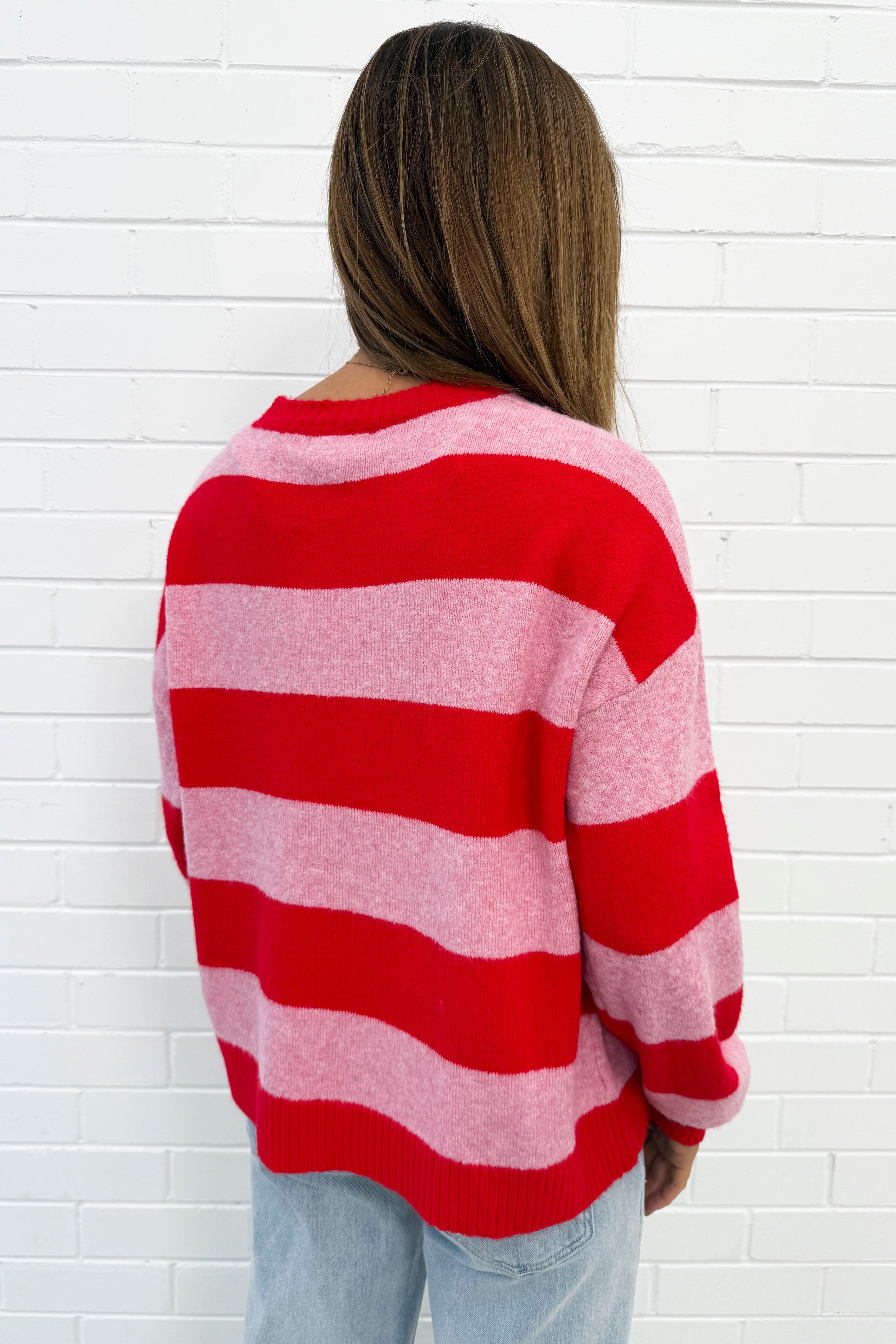 Striped Soft Knit Top Round Neck Slight Stretch