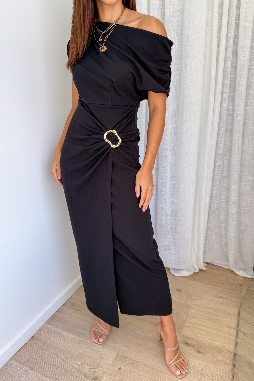 Black One-Shoulder Maxi Dress Slight Split Stretchy