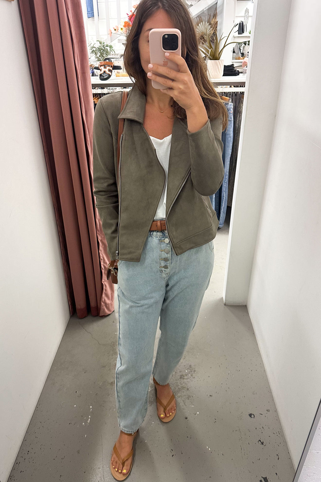 Khaki Suede Look Jacket Flattering Length Soft Stretchy