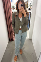 Khaki Suede Look Jacket Flattering Length Soft Stretchy
