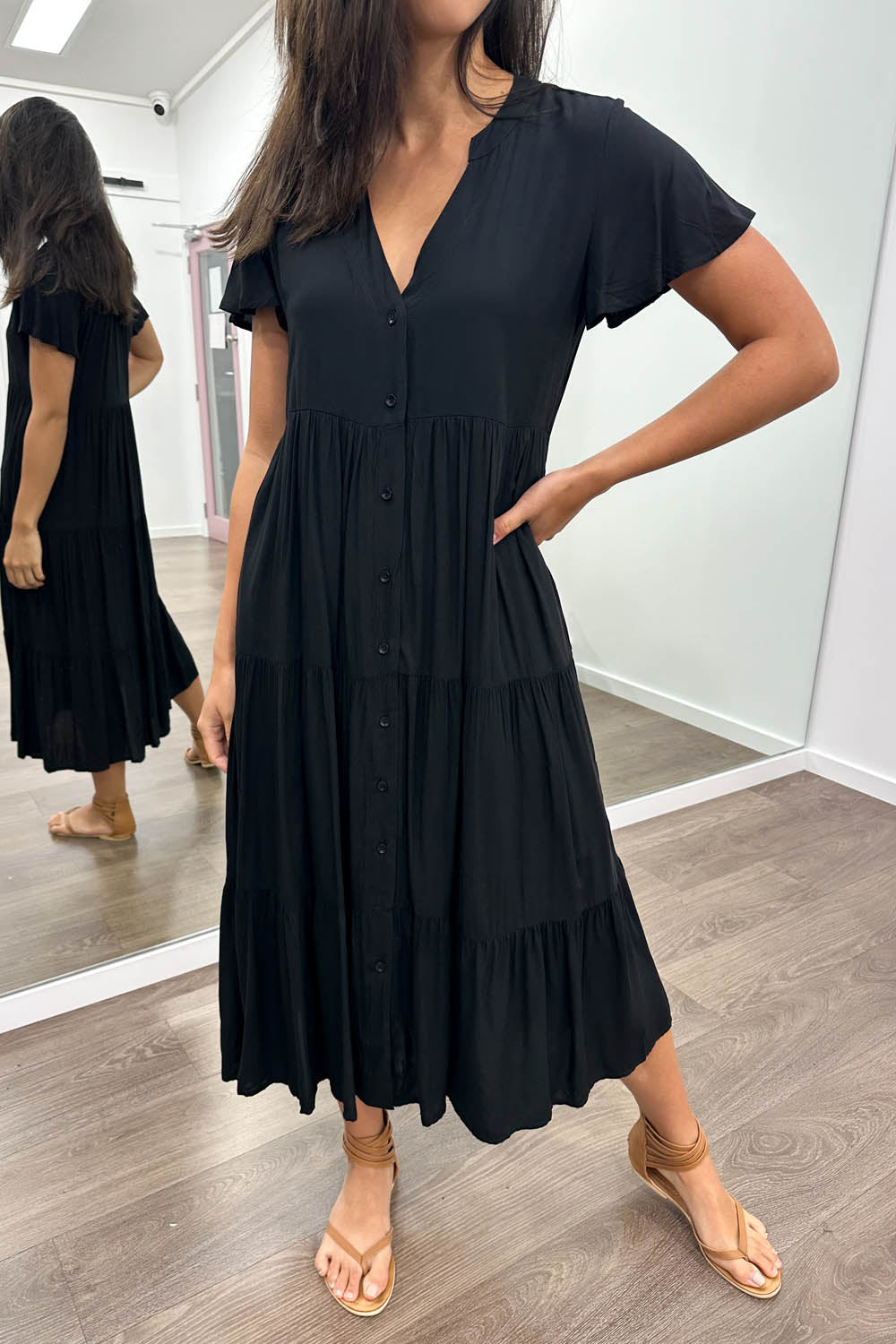 Black V-Neck Button Dress with Pockets Flattering