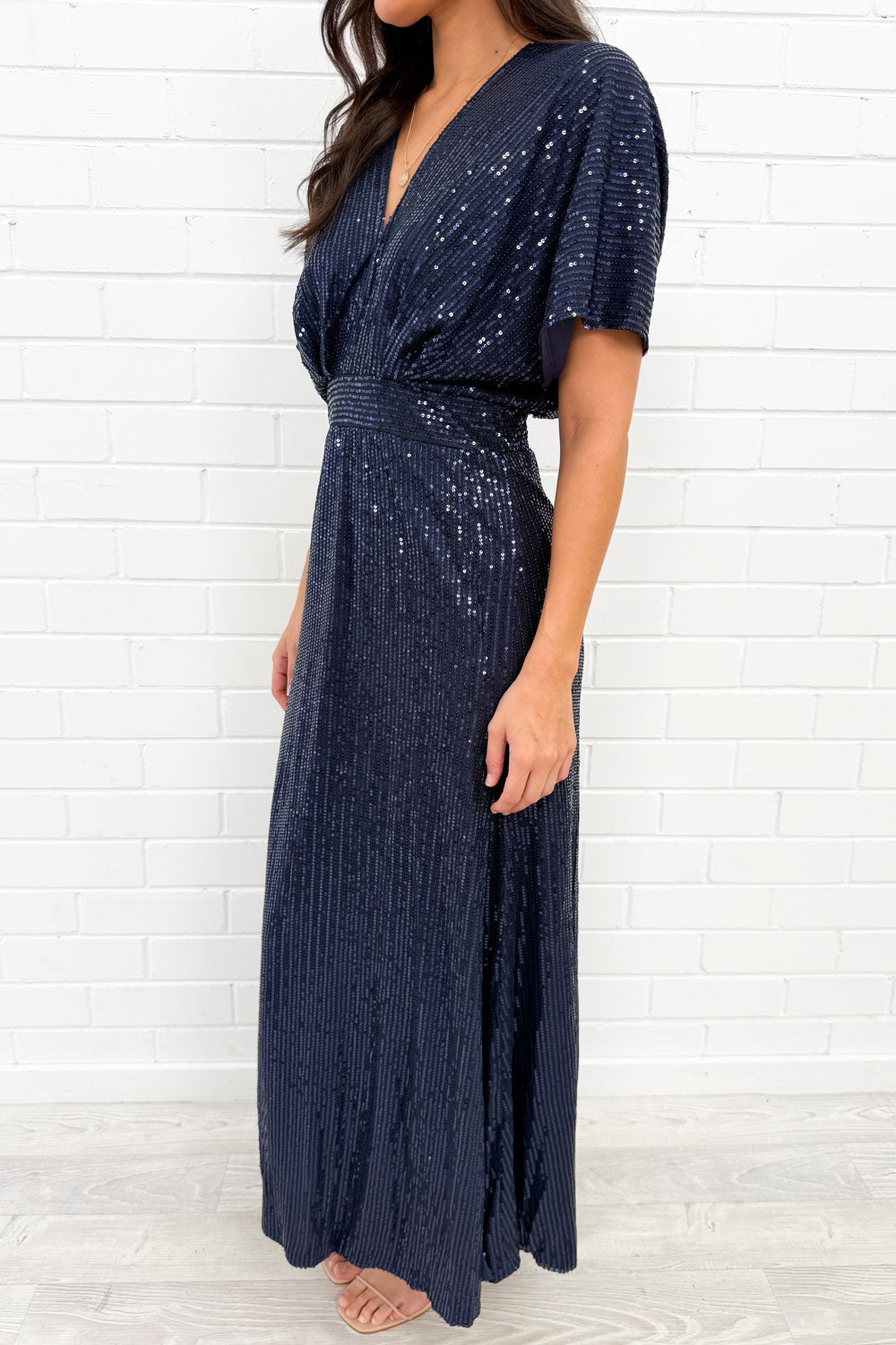 Navy Sequin V-Neck Dress Flattering Timeless Never Dates