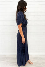 Navy Sequin V-Neck Dress Flattering Timeless Never Dates