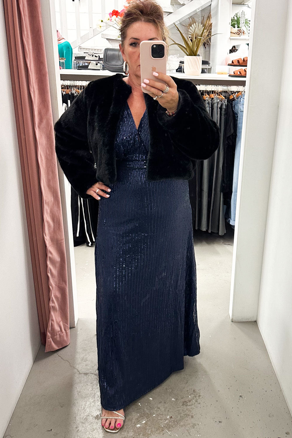 Navy Sequin V-Neck Dress Flattering Timeless Never Dates