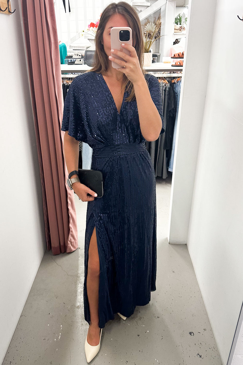 Navy Sequin V-Neck Dress Flattering Timeless Never Dates