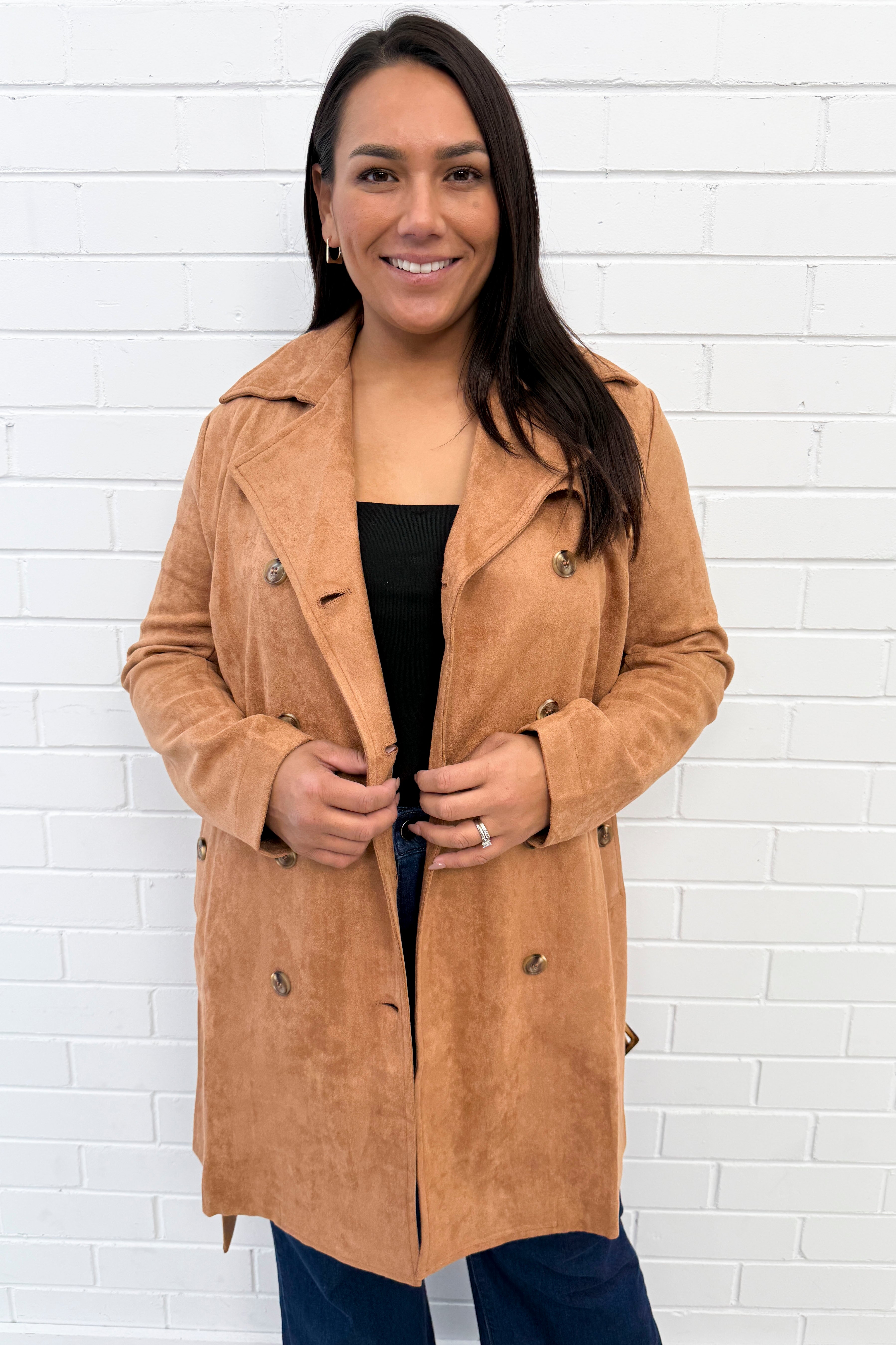 Tan Suede Look Trench Classic Cool Luxe Easy Layer