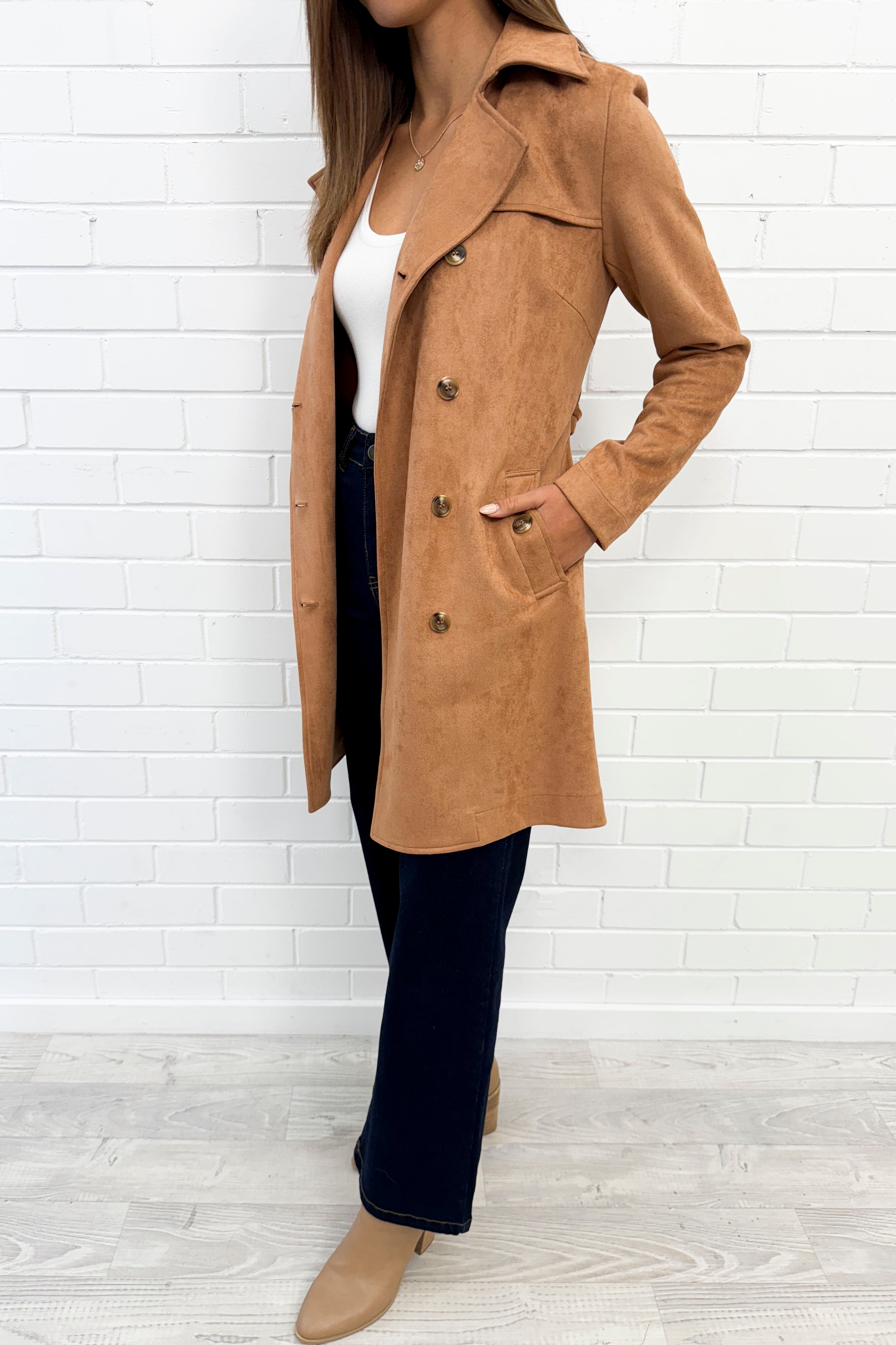 Tan Suede Look Trench Classic Cool Luxe Easy Layer