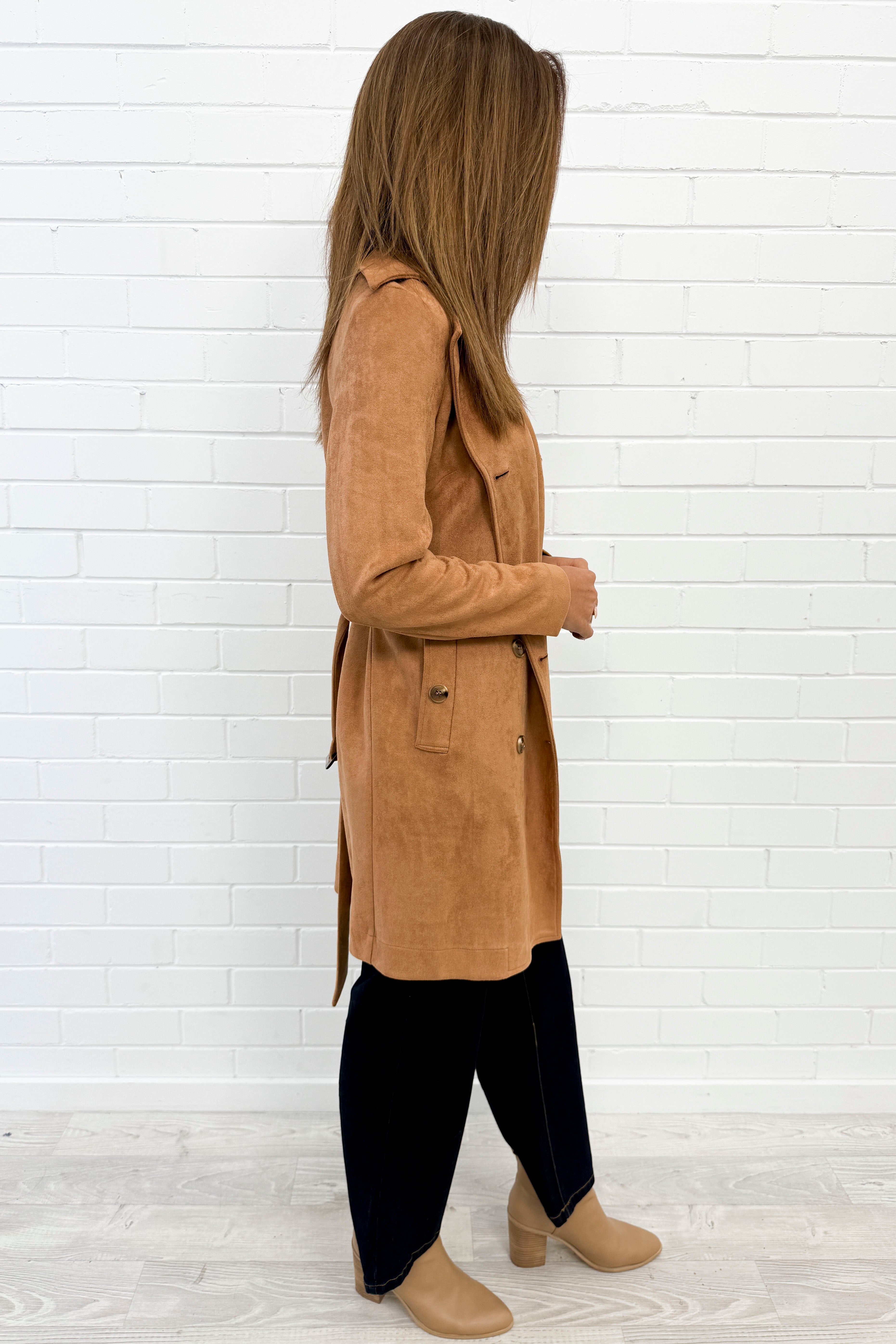 Tan Suede Look Trench Classic Cool Luxe Easy Layer