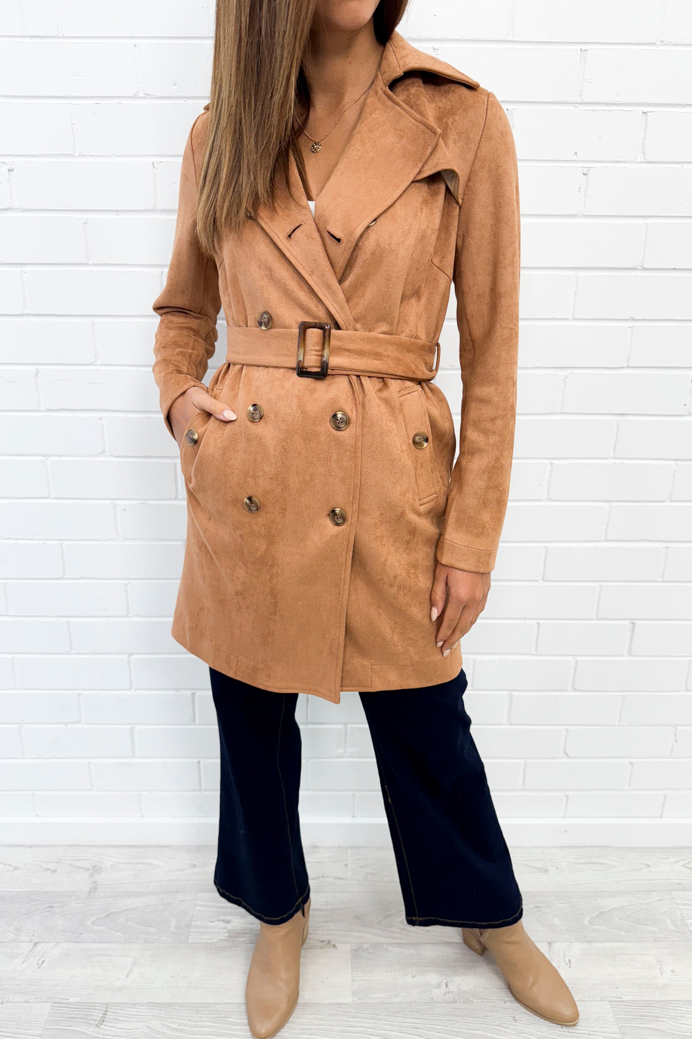 Tan Suede Look Trench Classic Cool Luxe Easy Layer